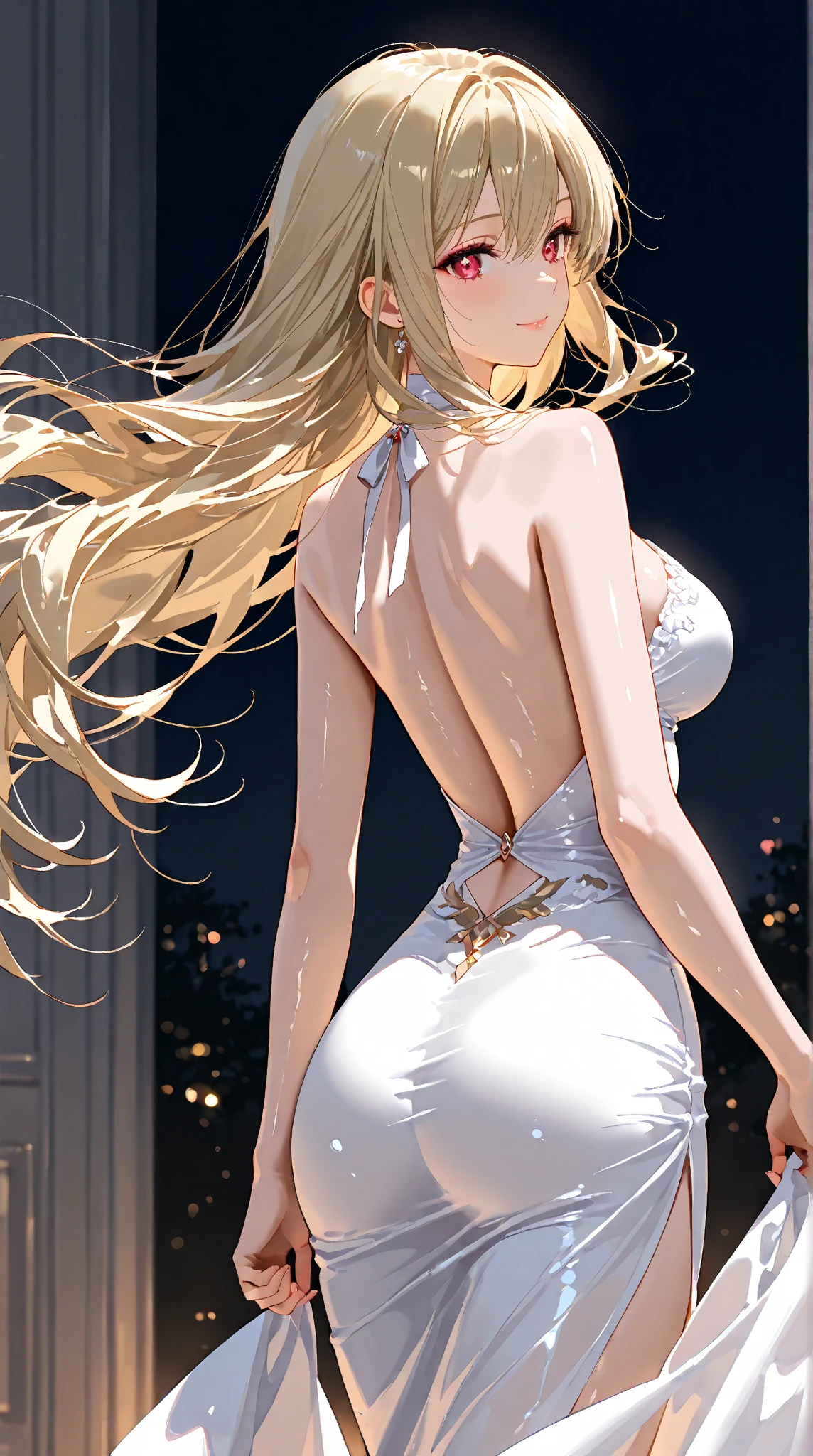 (work of art), (masterpiece), (best quality), a blonde girl, (blue eyes), wearing  nothing, brightly lit night city background, red bow, butterflies in golden circle, flowing hair , but g , full figure head to toes , standing beside poles showing backside, beautiful back, beautiful cute smile