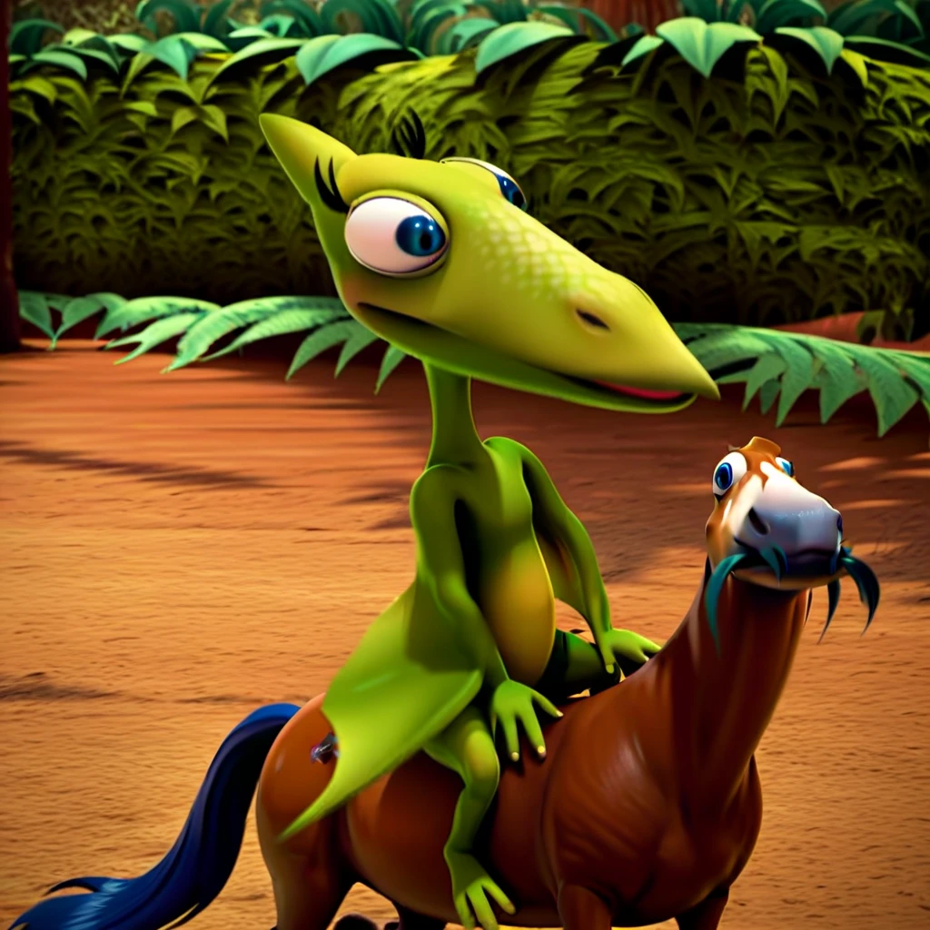 score_9, score_8_up, score_7_up, score_6_up, score_5_up, score_4_up, source_furry,dttiny, feral, female, Pterandon, membranous wings, winged arms, green skin, blue eyes, sitting, ride, riding, Horse, Horse Ride, Horse Riding, Horseback, Horseback Ride, Horseback Riding, Riding a Horse, Riding Horse, Equestrian Ride, Equestrian Riding, Equestrian.