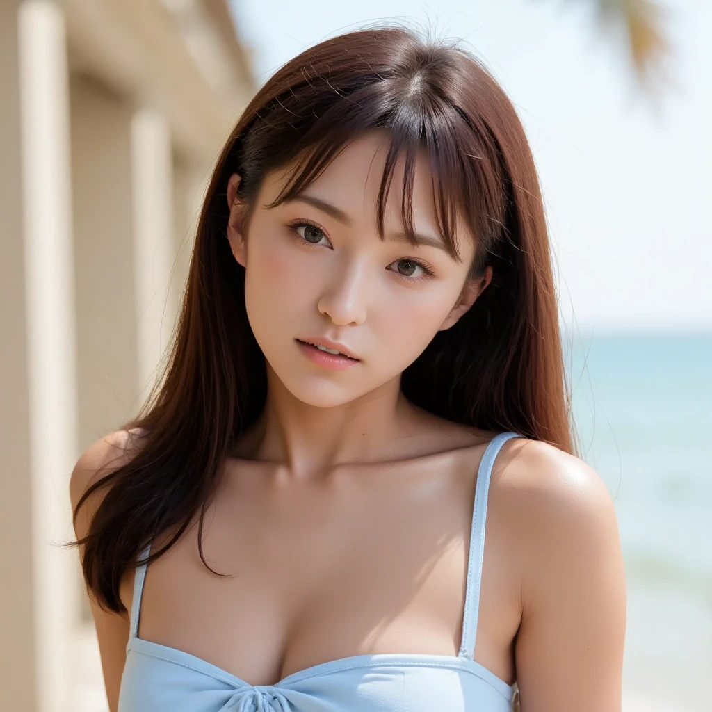 (((masterpiece))), (((highest quality: 1.4))), ((Very detailed: 1.4)) , ulzzang-6500-v1.1, (RAW Photos:1.2), (Realistic), (Genuine:1.4), Very detailed, Sharp focus,Japanese woman standing on a bridge in Miyako Island、Stunningly beautiful blue ocean in the background、Random Color、Halter neck swimsuit、My hair is blown wildly by the wind、happiness、Romantic、delight、Detailed eyes、Detailed face、Japanese Goddess、Duck mouth、Shiny skin、Realistic skin texture、