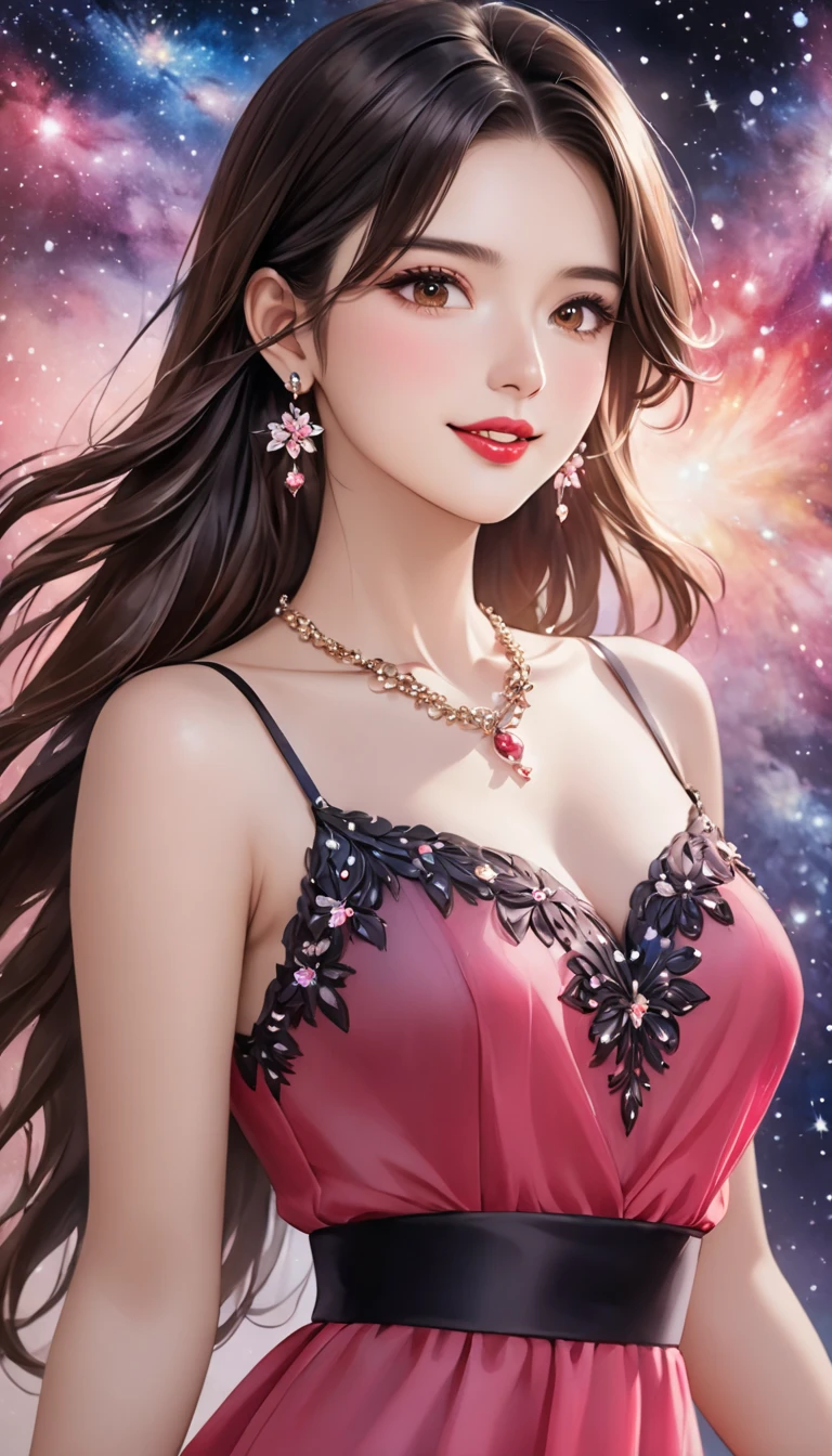 (masterpiece,  High Definition , high resolution, 8k,  Best Quality),   Watercolor and Oil Paintings  ,  young and beautiful woman, Brown-black long straight hair with bright luster ,  beautiful brown eyes, pink lips, perfect style, perfect face,  , earrings, Necklace, red sleeve see-through dress,  Look at me and laugh , perfect art, Perfect drawing composition, Open the top slightly,  upper body portrait, placed in the center of the image area,  transparent galaxy , Transparent midnight color, detailed animated illustration art, 