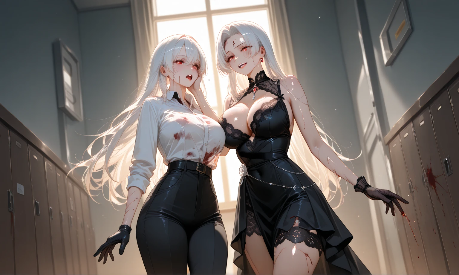 (lifelike, high - resolution:1.3), 1 girl with a perfect body,slender body, Super fine face and eyes,assasin, dark makeup, shiny skin,white hair, (girl caught in a sex machine),Expose cleavage, (sex machine, restrained, bound, bdsm, object insertion, smachine) (wet skin, shiny skin)