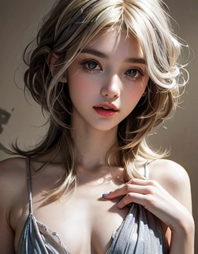 8K maximum resolution, (masterpiece), ighly detailed, Professional、de pele branca、Gloss Face、Teak Gloss、eye liner、Small face beauty、Looking at the camera、Perfect beauty、beautiful girl of 20 years old、Sexy little beautiful face、Pretty Face、Her long, Her tousled hair dances in front of her beautiful face..、long silky bangs covering the eyes、Proud super long silky pearl blonde straight hair、Sexy cute young woman、Super Long Silver Hair))、 large pale white marine blue eyes、School Uniforms