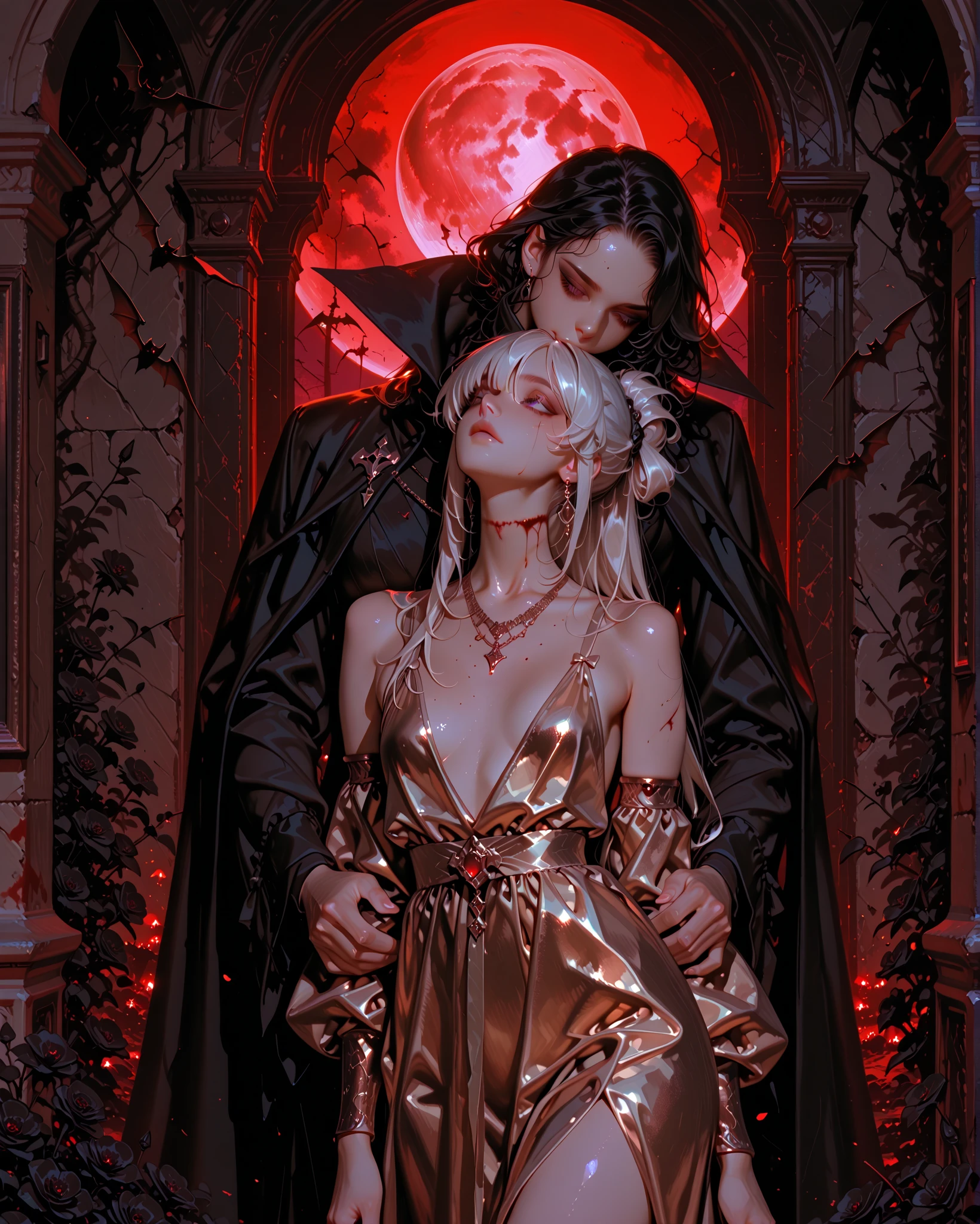 girl from behind, Puedes ver un Detail de la espalda plana y desnuda, herida y blood en la espalda,Vampire bite on the neck, blood, has a necklace, nice view, giving her back , Look to the side, Hair falls out, Elegant dress , dressed in gold, dead flowers , bats, calaveras . Detail. nostalgic look . Full moon in the background.