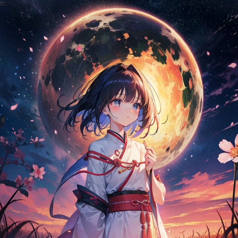 1girl, distant girl wearing a kimono staring at the stars, (zoomed out:1.1), (meteor shower:1.2), (comet:1.1), your name, low angle, from behind, aroura borealis, shooting star, yukata, red kimono, cherry blossoms, standing in a field,best quality, masterpiece, cloud,colorful, starry,stars,