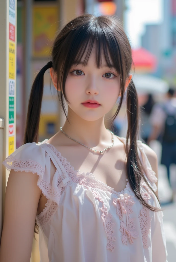 最high quality, masterpiece, High resolution, 1 girl, Hanfu, Tang Dynasty costumes, small, flat chest, clavicle, Exquisite off-the-shoulder face, realistic, real human being, (high detail skin: 1.4), Single-lens reflex camera, soft light, high quality, photograph, High resolution, background bokeh, Vintage Street