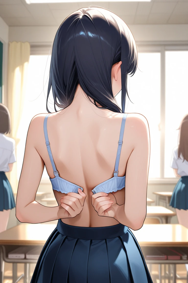 NSFW, (master piece, highest quality), one beautiful girl, Cover your breasts and crotch with your hands, bra is visible, nipples are visible, 16 years old, school locker room, pull down your sexy white panties, Lift up the pleated skirt with your hands, (In the middle of taking off your panties), fluffy pubic hair, ((Change of clothes)), wide angle, best lighting, best shadows, (open your mouth a little), (surprised expression), looking away, Photographed from the shadows, low twintails, high ponytail, curl bob hair, a shy look, from behind