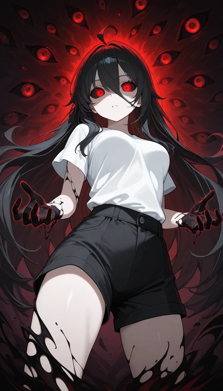 1 woman, short black hair, red eyes, monster girl, arachne, spider girl, white shirt, 