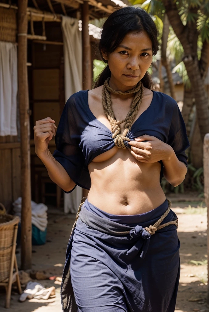 Very detailed and very realistic photo of a middle-aged (slightly curvy) Sundanese woman with long black hair ((messy low bun), (sweat dripping down her face and hair)), wearing a white tank top soaked with sweat and a brown batik cloth that tied around his waist. was cooking at the night market, he was stirring fried rice in a big wok with a serious expression on his face. The atmosphere of this night market looks busy with many people, both men and women, wearing casual clothes. Several people were seen watching the woman cook. The lighting in this image is dominated by a light bulb hanging above the woman, providing a warm lighting effect that highlights her and creates shadows around her. In the background, you can see the atmosphere of a night market with rows of stalls and crowds of people doing activities. This image shows daily life at a night market full of activity and social interaction, Surrealism, 8k, super detail