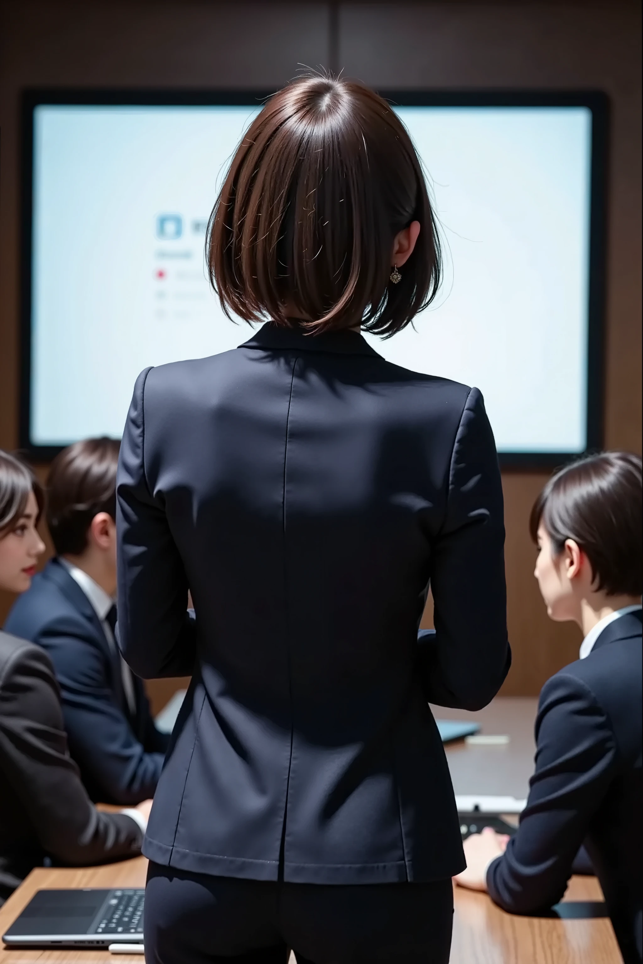 watching a senior female employee giving a presentation from behind, Back view of female employee, Meeting Room, projector ,dim