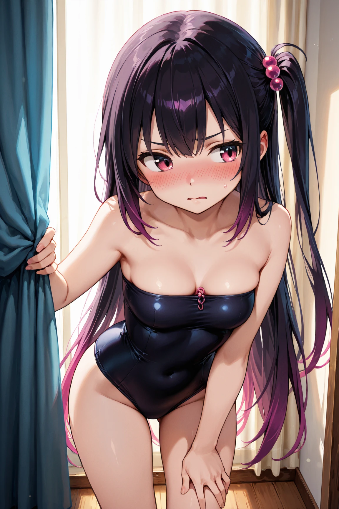 hands behind your butt,Tied with hands behind back,front view,looking at viewer, looking ahead,from above,cowboy shot,1girl,Beautiful 11 year old girl,Japanese,Slender,,low length,Small breasts,Thin legs,Small Ass,Baby Face,Small face,Black Hair,Row Twin Tails,Gray Eyes,Drooping eyes,middle School girls,A see-through black and purple negligee,Sexy Lingerie,open mouth,tongue out,front face,Kneeling,Put your chin forward,Beautiful and detailed anime art,Looks like you want,Sexy vibe,cum on tongue,Dimly lit room,On the bed,Simple Background,Gray background,Pink lighting,