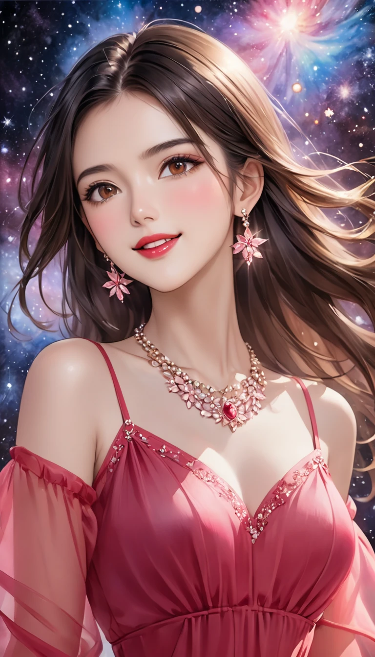 (masterpiece,  High Definition , high resolution, 8k,  Best Quality),   Watercolor and Oil Paintings  ,  young and beautiful woman, Brown-black long straight hair with bright luster ,  beautiful brown eyes, pink lips, perfect style, perfect face,  , earrings, Necklace, red sleeve see-through dress,  Look at me and laugh , perfect art, Perfect drawing composition, Open the top slightly,  upper body portrait, placed in the center of the image area,  transparent galaxy , Transparent midnight color, detailed animated illustration art, 