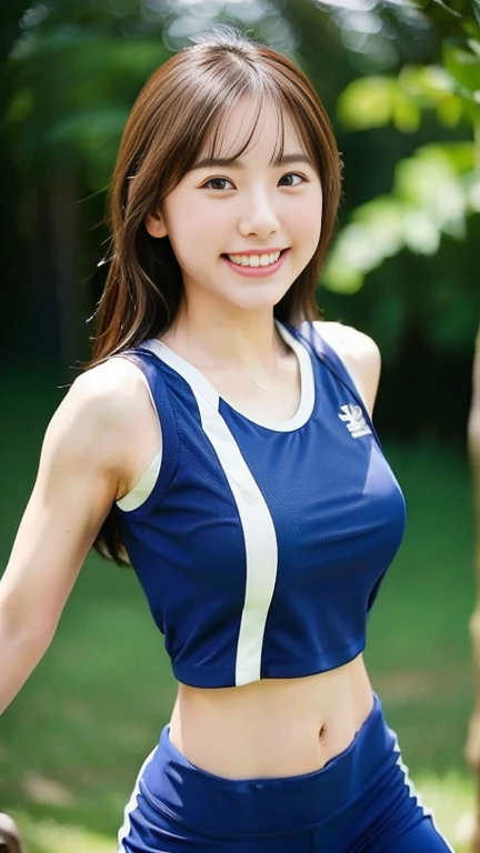 neat college girl, petite person, (suit, dark blue skirt, sports bra), outside the athletic field, (slim), photorealistic, detail, skin texture, ultra detail, delicate and sexy collarbone, smile, super detailed face, detailed lips, detailed eyes, double eyelids, constriction, navel, small breasts, small breasts, small, small, flat chest