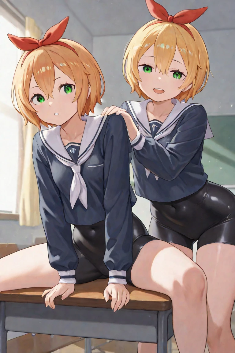 1girl,fgonero, nero, ahoge, blonde hair, (green eyes:1.5), hair between eyes, hair intakes, 
BREAK braid, buruma, french braid, gym shirt, gym uniform, hair bun, headband, official alternate costume, red buruma, red headband, single hair bun,
BREAK looking at viewer, standing, leaning forward, arms behind back,
BREAK indoors, classroom,
BREAK (masterpiece:1.2), best quality, high resolution, unity 8k wallpaper, (illustration:0.8), (beautiful detailed eyes:1.6), extremely detailed face, perfect lighting, extremely detailed CG, (perfect hands, perfect anatomy),