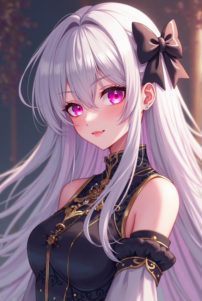 Silver hair, pink eyes, body, cat ears, adult girl, earrings, flower sky background, green gold uniform, hair bows, happy face, thigh up 