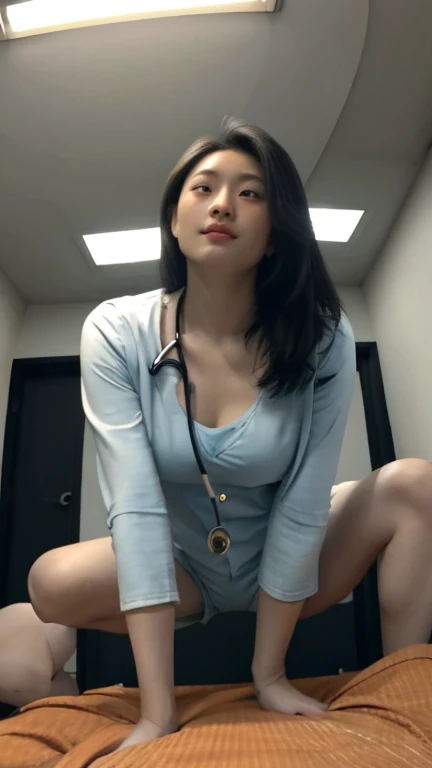 Sexy young Asian doctor wearing glasses on her knees sucking, bj, blowjob, thin wire pink glasses, blue scrubs, oral, on her knees, fellating, fellatio, cock in her mouth, pleasing, hj, hand job, cum, cum on face, o face, in her mouth