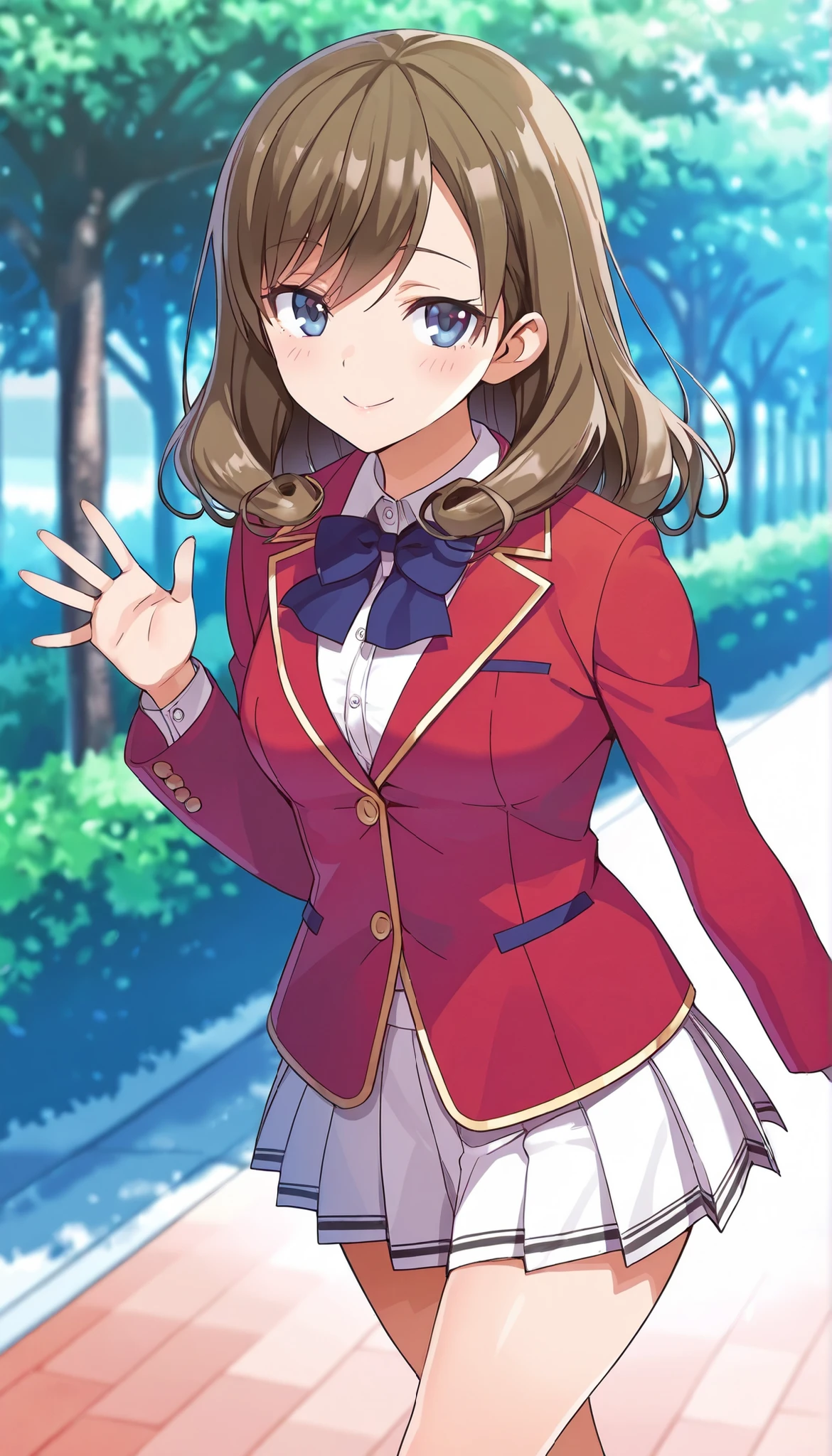  score_9,score_8_up,masterpiece,best quality,correct anatomy,anime_source,1girl,solo,,smile,blush,Sato Maya,long hair,curly hair,brown hair,bangs,blue eyes,glossy lips ,school uniform,red blazer(closed blazer ,buttoned blazer) ,blue bowtie,collared shirt,white shirt, medium breasts ,white skirt,pleated skirt,thigh ,cowboy shot, blush,  walking ,school commute ,outdoor ,waving ,morning