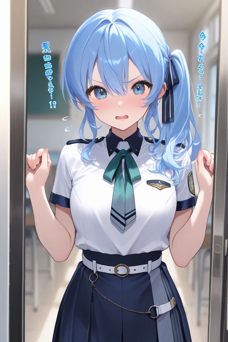 (masterpiece, best quality:1.2),illustration,absurdres,8k,hd,1girl,solo,upper body,(portrait:1.2),janus (fear of changing...clothes) (azur lane),adjusting clothes,ass,blue eyes,blue hair,braid,hat,looking at viewer,looking back,mirror,navel,revealing clothes,sailor collar,school bag,school uniform,very long hair,white headwear,white pantyhose,white shirt,<lora:Janus(azur)>,