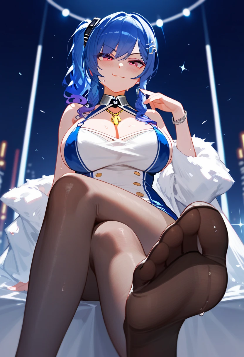 score_9,score_8_up,score_7_up,source_anime,cowboy shot,Idealized Forms,Natural Light,details background,blurry background,extremely detailed,1girl,newjersey(azurlane),blue hair,long hair,very long hair,between eyes,bangs,blue eyes,breasts,large breasts,
headgear,coat,dress,coat on shoulders,white dress,white coat,open coat,gloves,white gloves,elbow gloves,bodystocking,covered navel,pantyhose,high heels,,pole,pole dancing,club,stage,spot light