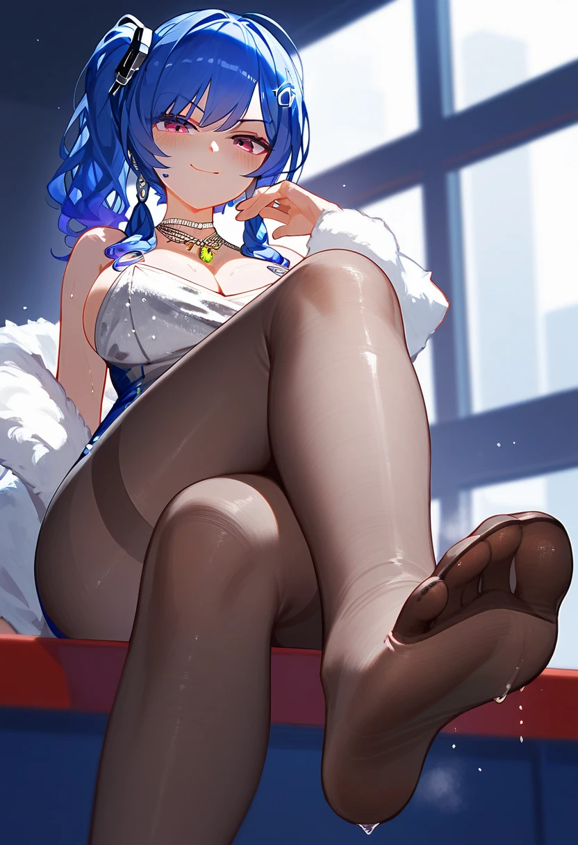 noodlenood style, 1girl, halo, breasts, solo, pointy_ears, pantyhose, high_heels, long_hair, necktie, sitting, black_hair, blue_eyes, blue_necktie, large_breasts, white_gloves, earrings, glasses, gloves, jewelry, eyewear_removed, looking_at_viewer, black_pantyhose, bangs, parted_lips, crossed_legs, jacket, sideboob, sleeveless, smile, very_long_hair, window, dress, hand_on_own_knee, cityscape, white_footwear, blue_hair, indoors, half_gloves, swept_bangs, white_dress, jacket_on_shoulders, blush, bare_shoulders, white_jacket