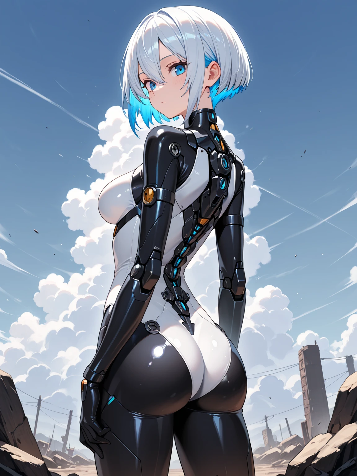 NSFW, 1girl, official anime art illustration, tiger ears, extreme close up, white hair, skin exposure, boob, (glowing blue eyes), space suit, (girl standing on the street), perfectly photorealistic, incredibly detailed, 8k, UHD, masterpiece, best quality, ultra detailed, intricate,