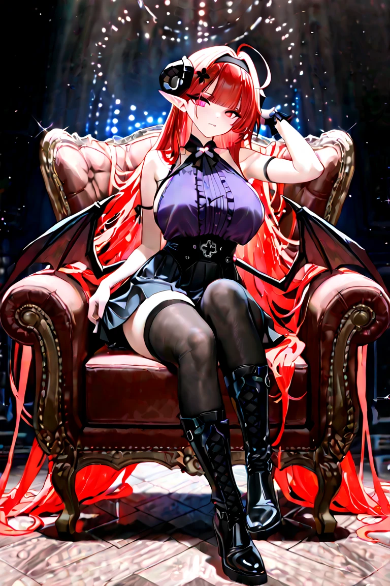 1girl, hime cut, large breasts, demon horns, round glasses, choker, block shirt, cleavage, plaid skirt, platform heels, {{thick lips}}, detailed eyes, long eyelashes, thighhighs, arched back, library,