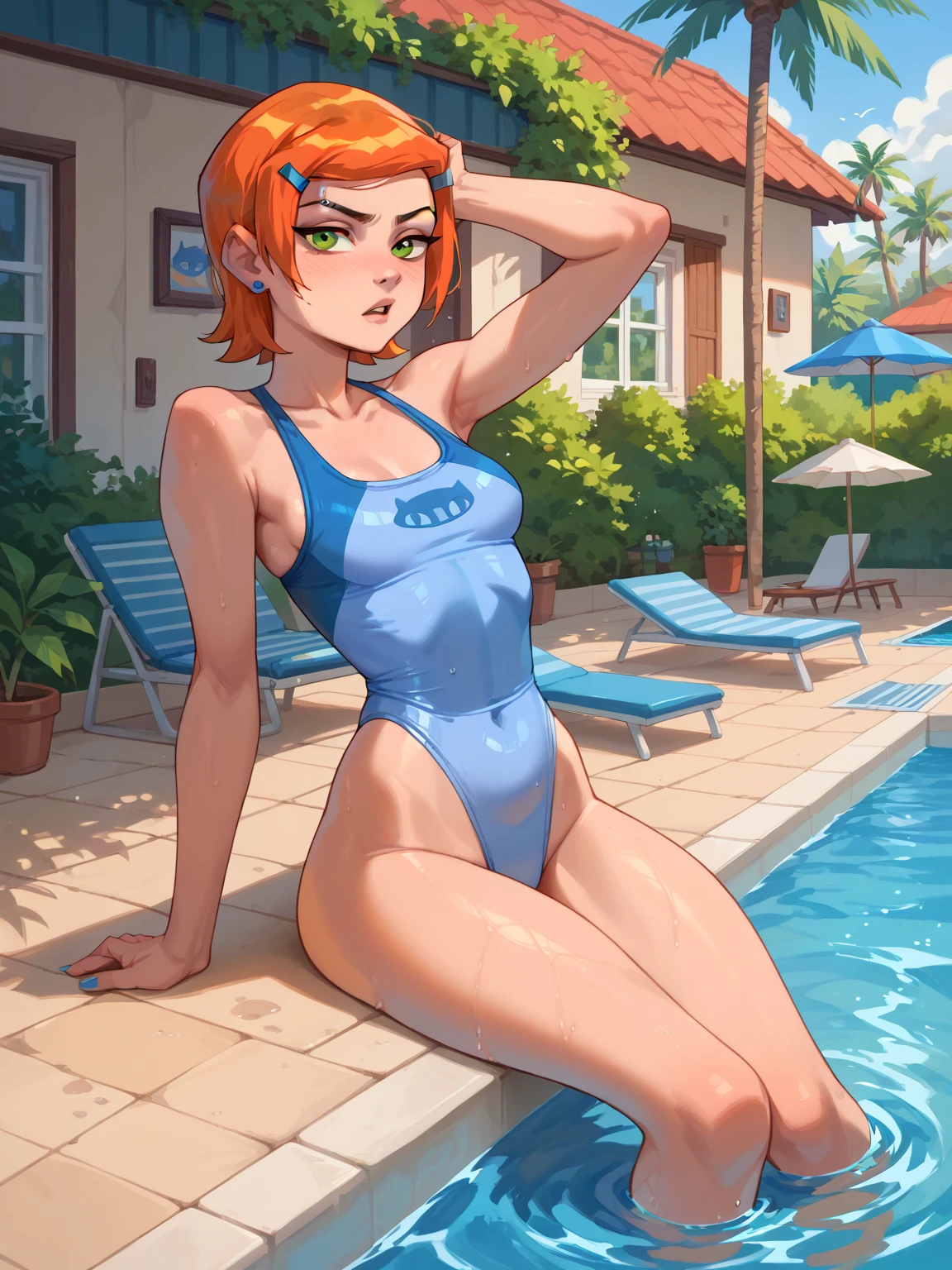 (masterpiece), best quality, expressive eyes, perfect face, Black One-piece swimsuit, Looking at viewer, Pull, Red Ponytail hair, Vibrant, A Tall Woman, Beach