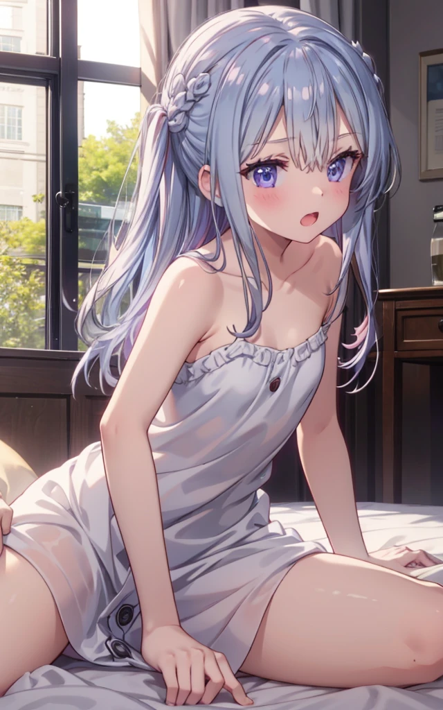 (Cute older sister:1.3)、((Very detailed))、night、Bedroom、On the bed、、Going to bed、Shining night sky、((1 person)),,White camisole