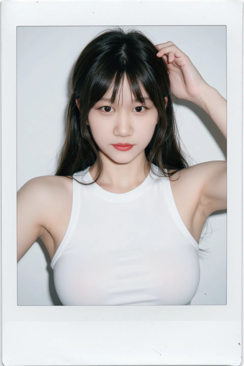 Highest quality, Ultra-high resolution, (Realistic:1.4), One girl, off-the-shoulder white shirt, Black tight skirt, Black Choker, (Faded grey hair:1), (Huge breasts:1.2), View your viewers, close ,