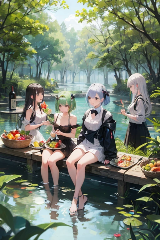 <lora:GreekClothes:1>,
greek clothes, peplos, multiple girls, long hair, hatsune miku, moon, blonde hair, pink hair, 3girls, very long hair, kagamine rin, megurine luka, holding, twintails, full moon, food, fruit, looking at viewer, pillar, laurel crown, night, feathers, instrument, head wreath, sitting, tattoo, wading, aqua eyes, short hair, sky, aqua hair, basket, blue eyes, water, holding basket, apple, collarbone, standing, column, looking back, plate, shoulder tattoo, night sky, tray, bangs, star \(sky\), outdoors, smile, holding instrument, holding fruit, sleeveless, holding food, hair ornament
