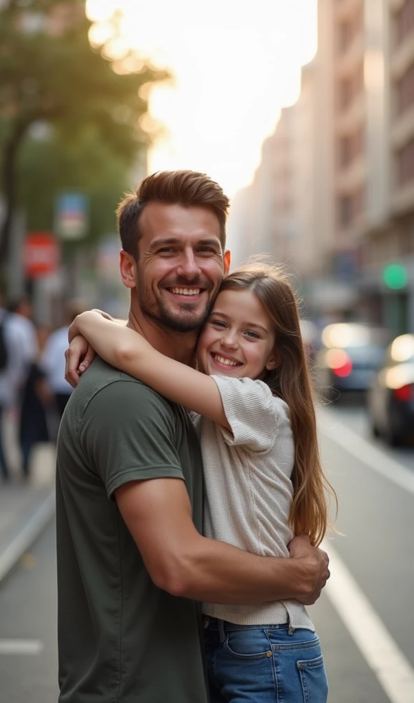 Blonde   blue eyes hugging her father dark brown hair and brown eyes taking a selfie on the streets of Lisbon 8k ultra realistic photorealistic 