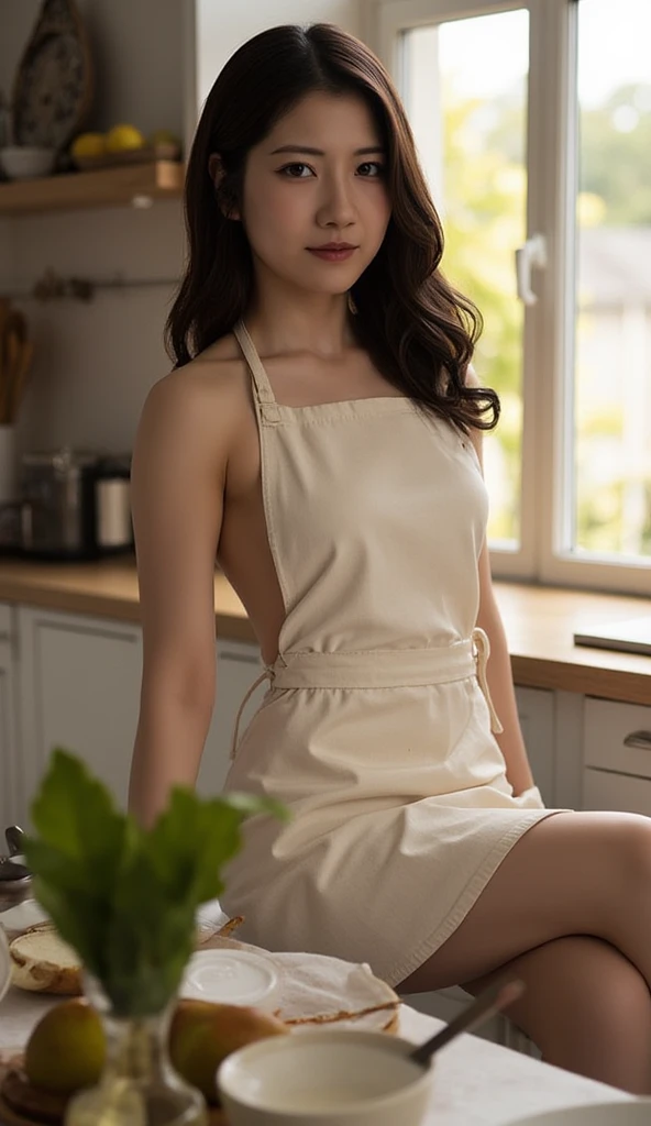 (Woman in a naked apron)), cooking meals in the kitchen, (bare apron, white apron, modern apron), (bun hair, curly hair), full body, smile, happy face, ((((Small breasts: 2.0)))), ((Slender body: 2.0)), Realistic, Photorealistic: 1.37, masterpiece, top quality, CG, ultra-detailed skin, highly detailed face, highly detailed eyes, Beautiful delicate and detailed clothes, high resolution photo lighting, professional lights, movies, areola slip, (Wellington type cell frame glasses), erotic,, no panty, no bra, side shot, ass,