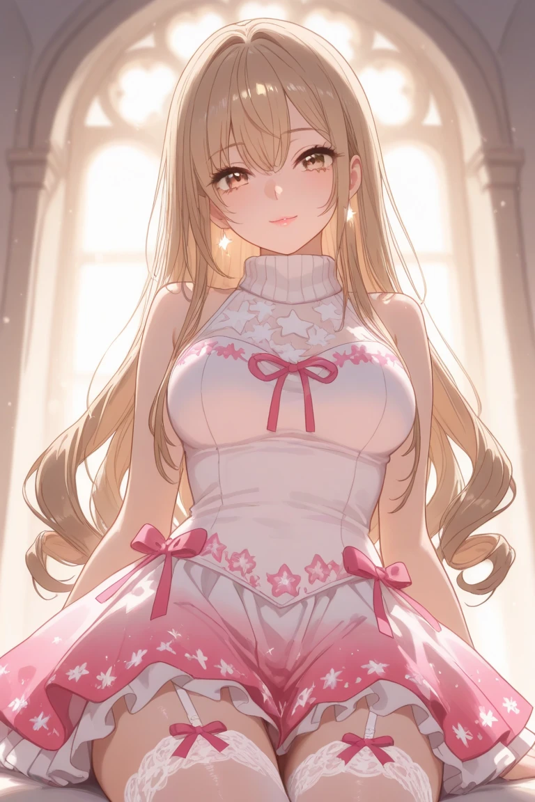 (leaning over:1.4), (masterpiece:1.2, best quality), (real picture, intricate details), 1girl, solo, absurdres, cowboy shot, standing, outdoors, :3, smile, bear girl, bear ears, ((light pink dress)), very detailed dress, strawberry dress, strawberry details, white thighhighs, platinum blonde hair, gray blue eyes, long hair, strawberry choker, smile, open mouth, one fang, large breasts, cleavage, sleeveless dress, arms behind back,