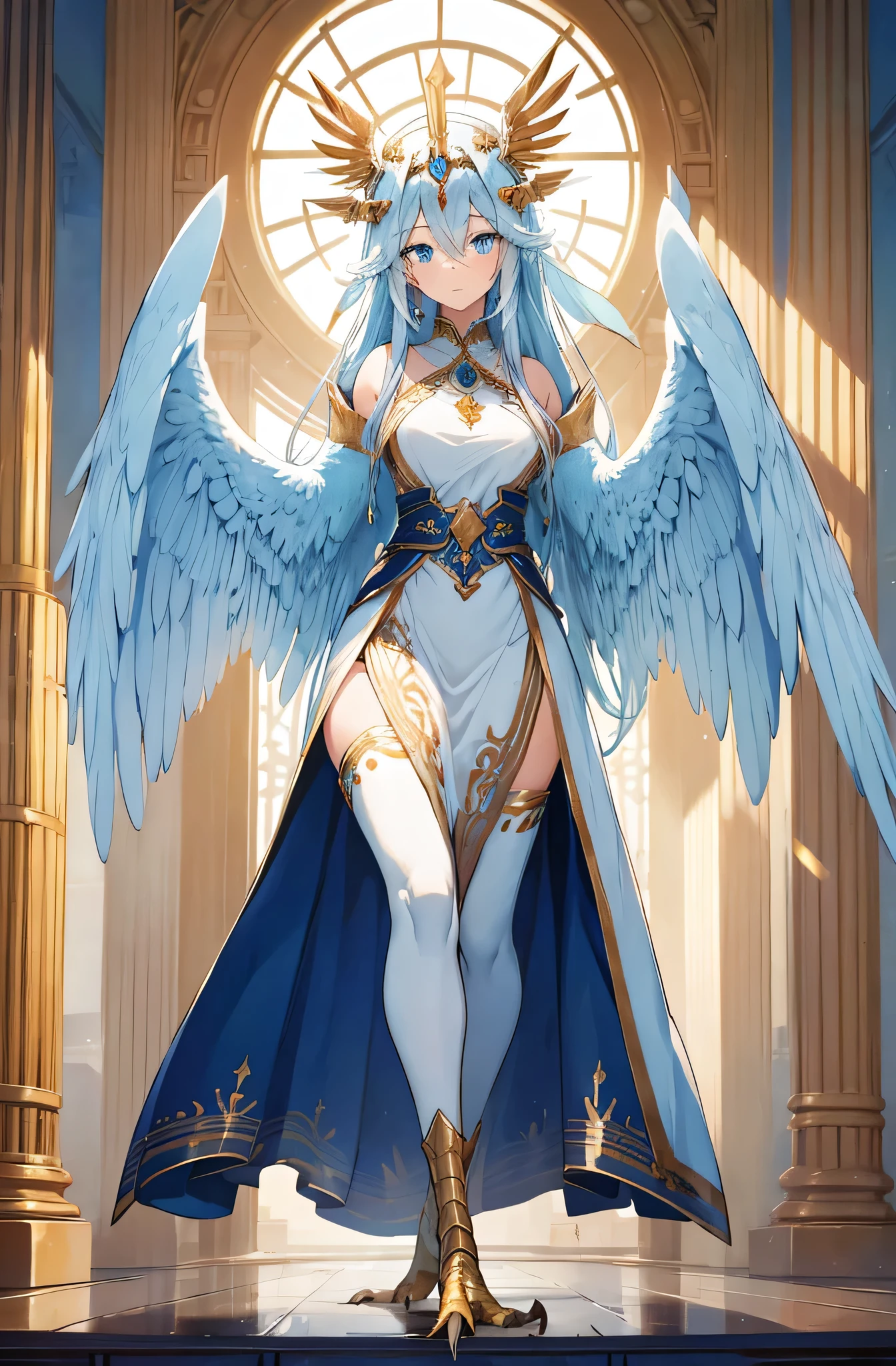 4K,High resolution,one woman,harpy,light blue hair,long ponytail,big breasts,white wings,golden toenails,goddess,goddessのドレス,winged hat,Jewelry Decoration,Temple in the Sky,night background