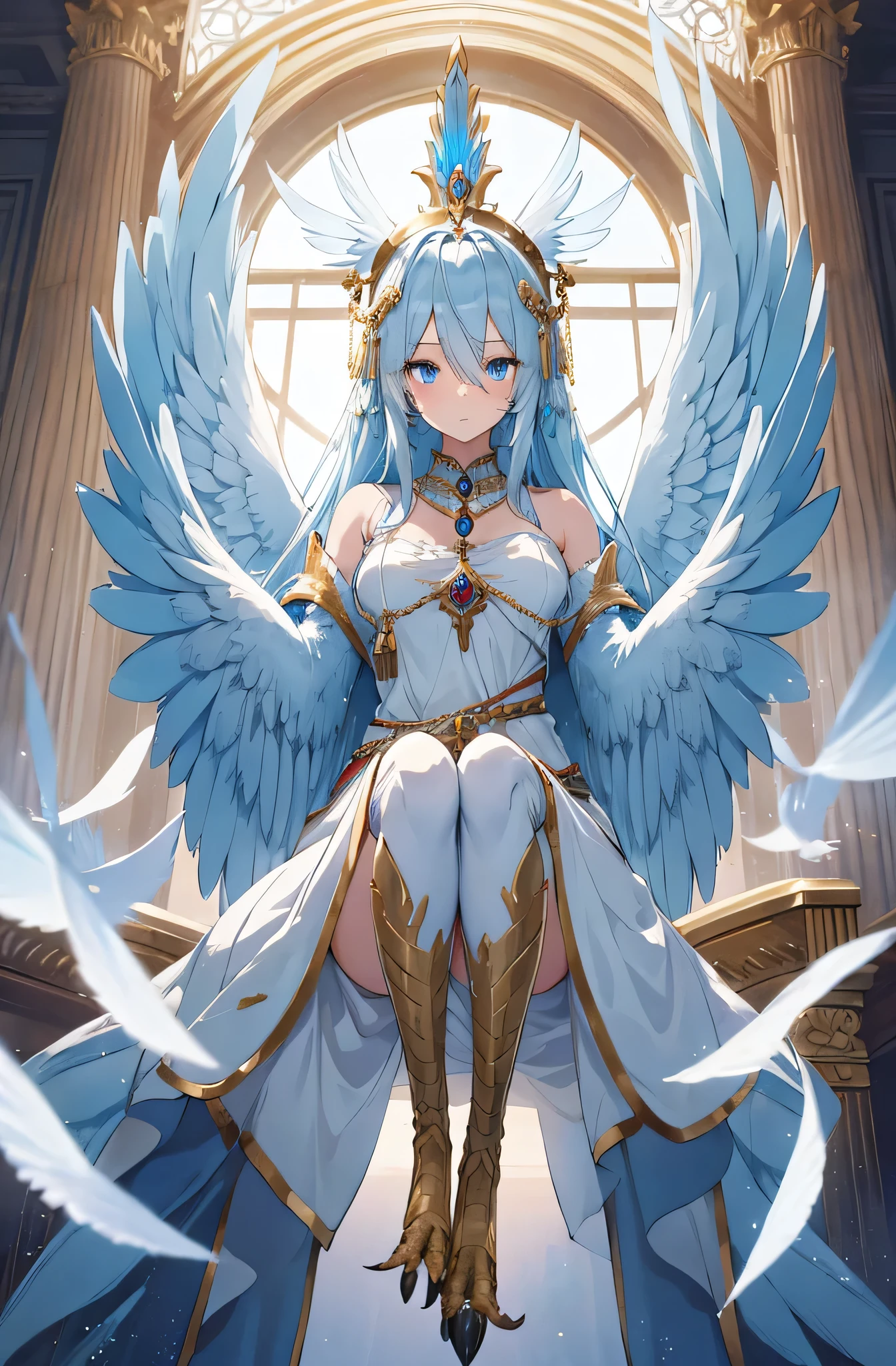 4k,High resolution,one woman,harpy,blue hair,long hair,big breasts,white wings,golden toenails,White nun dress,white holy armor,gold crown,jewelry embellishments,castle in the sky