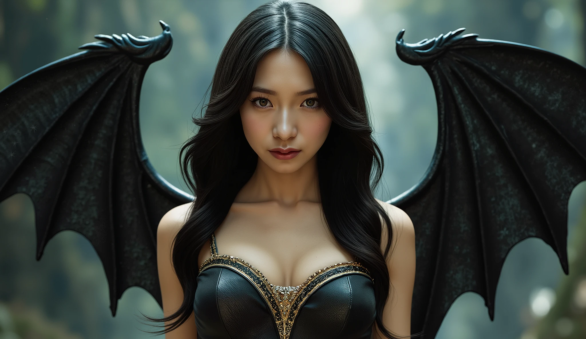 Beautiful adult woman with dark hair and amber eyes、perfect curvy body and white skin,anime style bat wings in ancient Greek style costume