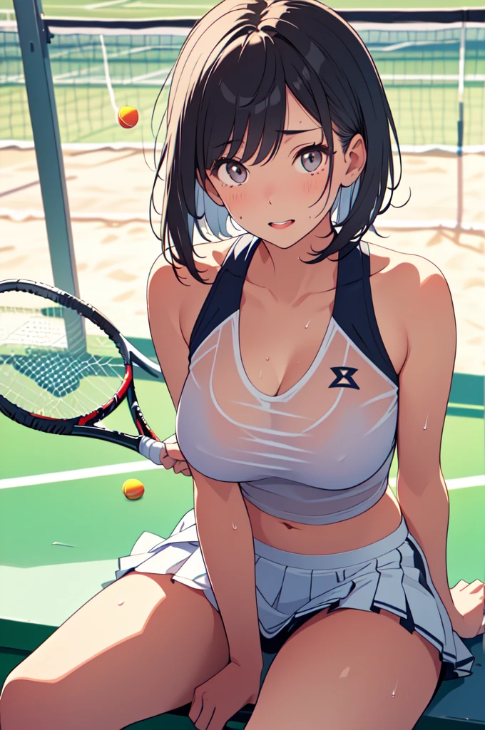 (Very detailed CG Unity 8K 壁紙),(masterpiece), (Highest quality), (Very detailed), (Best illustrations),(Best Shadow)、(Perfect and beautiful eyes)、(Detailed underwear)、1girl @_@ ball blush bouncing_breasts breasts brown_hair hair_between_eyes hawawa-chan_(Shiro_Same to you_shake) highres holding holding_racket large_breasts medium_hair original panties purple_eyes racket Shiro_Same to you_shake shirt sleeveless solo sportswear tennis tennis_ball tennis_net tennis_racket tennis_skirt tennis_uniform two-tone_skirt underwear white_shirt