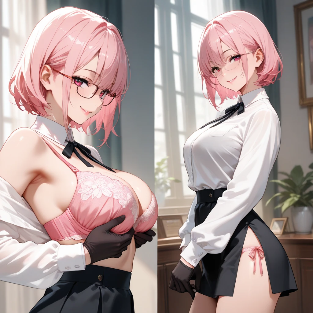 {Japanese slender beautiful girl}, high resolution, best quality, {masterpiece}, ultra-detailed, {school swim suit}, caustics, detailed, cinematic lighting, pink short hair, no blash cheeks, school class room