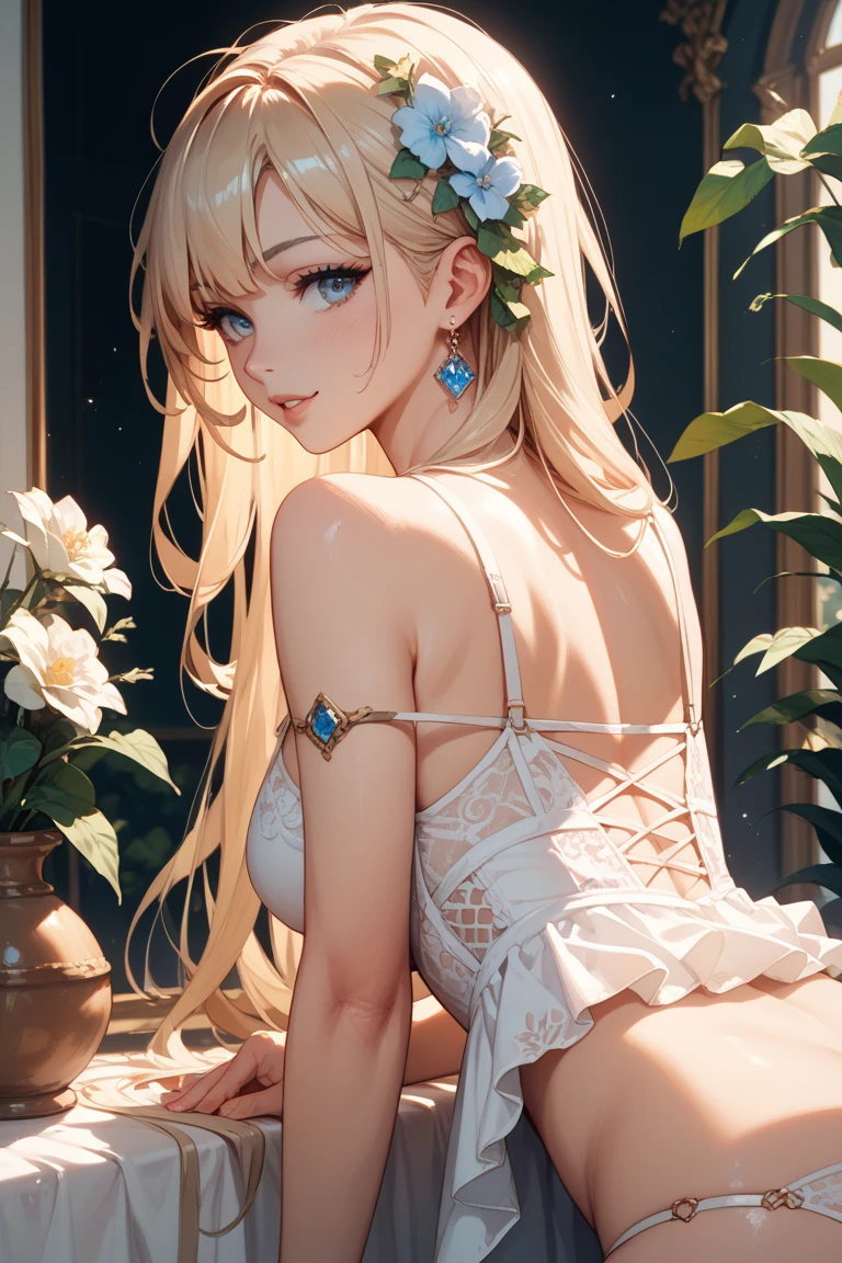 top-quality、Top image quality、​masterpiece、Full body naked girl((24 year old、Best Bust、big bast、Bust 90,Beautiful blonde、long ironed hair、A slender、big butts、Sexy gestures、a closeup、Esbian、beautiful tiara、hiquality、Beautiful Art、Background with((starrysky)))masutepiece、visualart、depth of fields、low angle of morning sky、、Elven ears、、light magic、space knight、、Happy smile、Gentle light、、Beautiful legs that are gentle on the skin、welcome、、Number of fingers to achieve precise finger movements、ticker beautiful body、sexypose、Mystical　　Temptation of a flower garden、flower  field、rose colored pillar、NSFW
