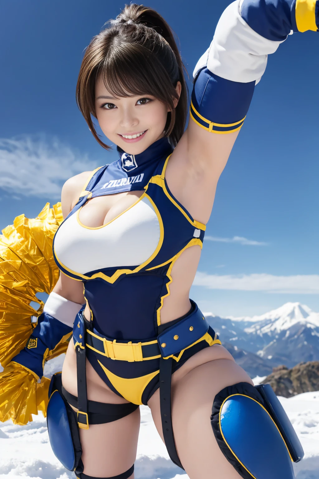 (in 8K、超A high resolution、Best Quality、masuter piece、Photorealsitic、The ultra -The high-definition)、(huge tit、爆乳、toned body、(Must wear azure and white striped bikini:1.4)((wear catcher&#39;s armor、Squats at home base at the baseball stadium)、Must have short black hair cut:1.4)A Japanese Lady、Cute smile、pin heels、Catcher's mitt