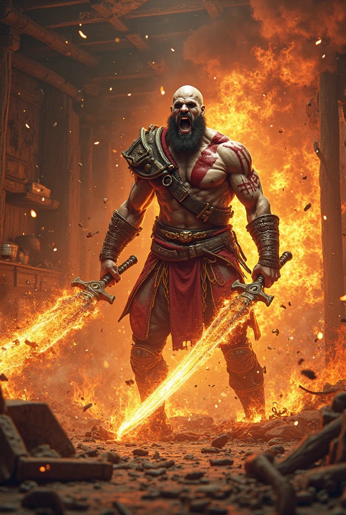 best quality,highres,masterpiece:1.2,ultra-detailed,realistic,physically-based rendering,professional,sharp focus,HDR,studio lighting,colorful,strong shadows,action-packed,kratos,omni-man,powerful,superheroes,mythology,violent, intense battle,epic fight,strength,aggression,dramatic poses,destructive forces,flaming weapons,blood and sweat,battle scars,facial expressions,heroic,superhuman abilities,intense emotions,dark atmosphere,dynamic composition,explosions,flying debris,dramatic lighting,special effects,high-impact,clash of titans,energy blasts,powerful punches and kicks,shattered environment,violence and chaos