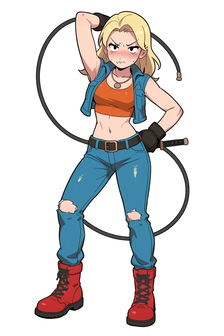 A sexy bad bitch, street style, vulgar, vulgar clothes, middle finger, blue jean shirt, croptop, teen, long blond hair, blue eyes, very black eyeliner, black nail, bitch position, extra breast. Dirty street background. detailed, masterpiece, UHD