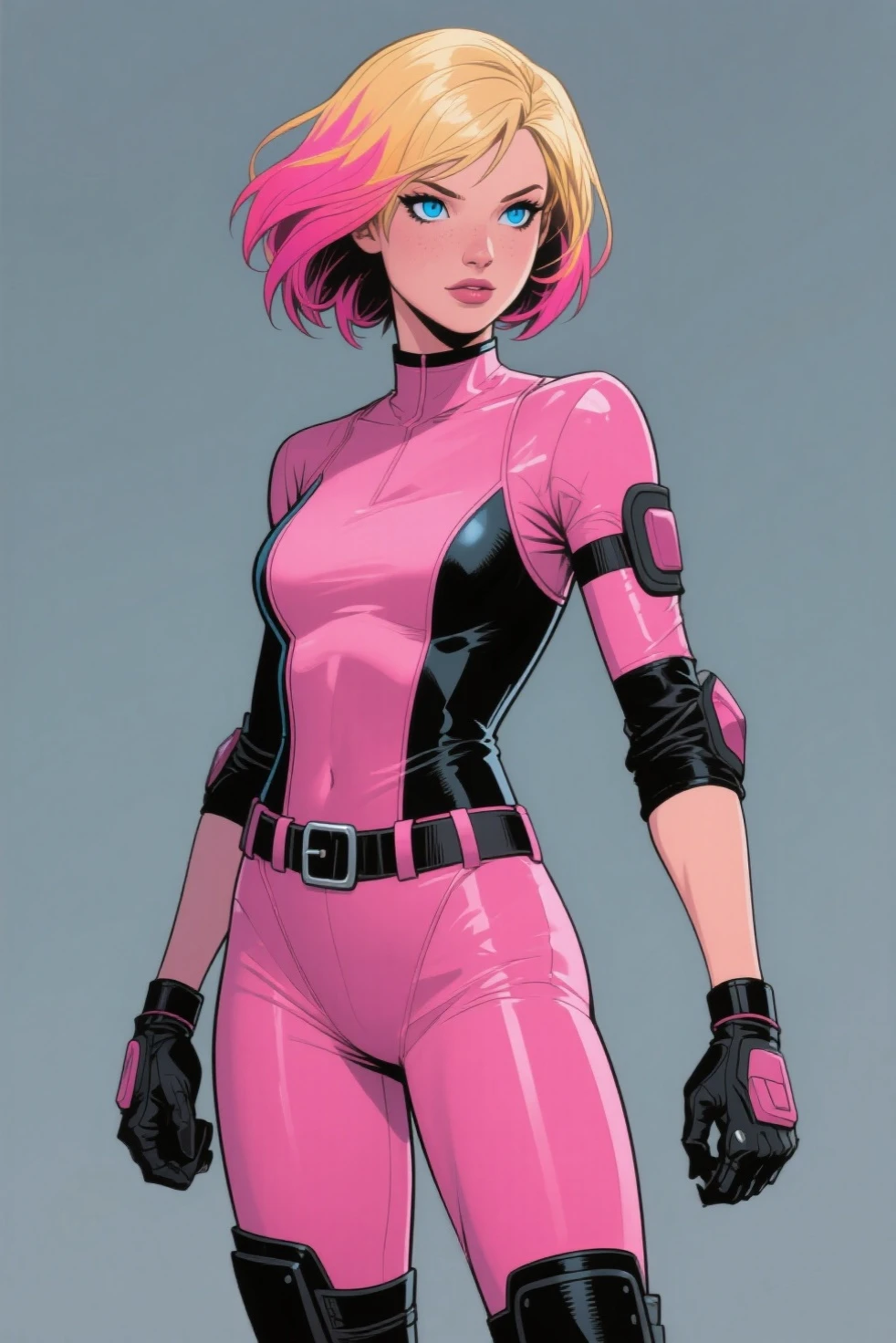 make a picture of a 2D HQ style pink haired girl dressed as Spider Woman