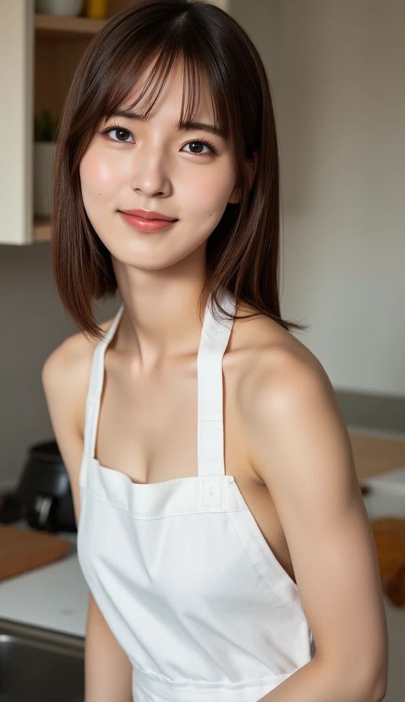 from side、Sit at the kitchen table、Naked apron、short-cut、a smile、(Colossal tits:1.2)、(masterpiece、top-quality)、((20 year old woman:1.2))、Young adorable Japan face, dewy skin, Soft portrait shots,8K, short-hair、very extremely beautiful