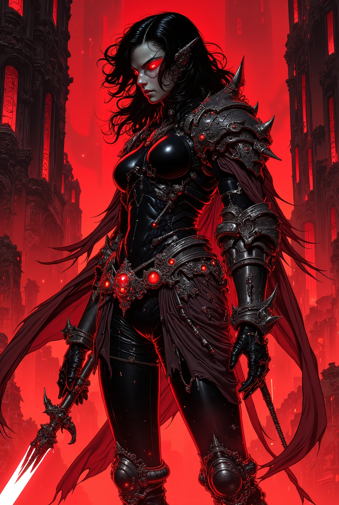 Female Knight,alone, tights, dark hair, author:Masamune Shirow, powering up, red glow
