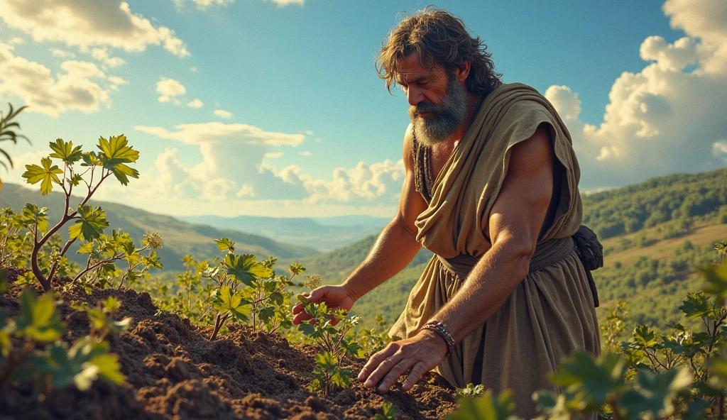 God turns his back on Cain. Cain offers the best fruits of the field and trees, colorful and very beautiful fruits. ao por do sol.