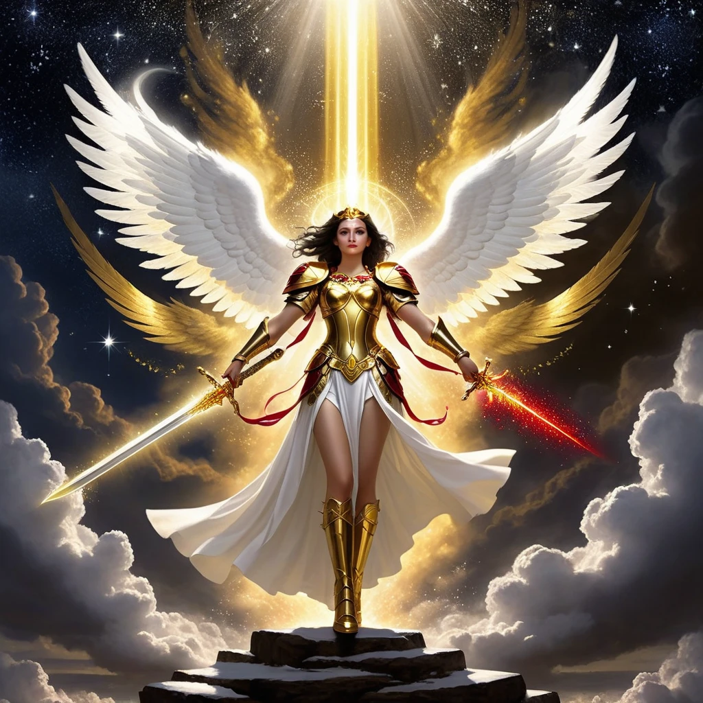 (best quality:1.2,comics art:1.1,vivid colors,beautiful vintage angel warrior woman with very big wings holding one sword,((red dress with gold embroid details)),little breasts, determined face expression,(((corpo de frente para o observador))),storm and lightning background,dramatic lighting)