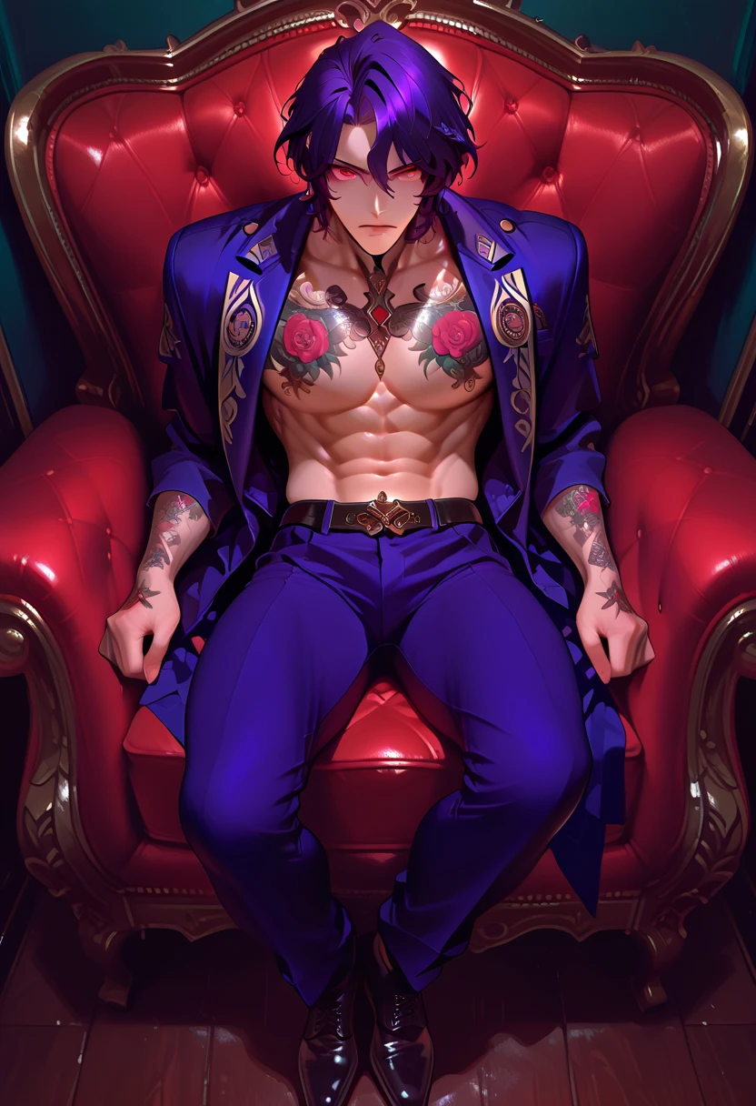 absurdres, highres, ultra detailed, HDR, master piece, best quality, extremely detailed face, delicated features, Dabi, black hair, expressive turquoise eyes, my hero academia, solo, sexy man, handsome, toned chest, horny, sensual, erotic, black coat, black boxers, red couch, sitting, flowers, petals, room