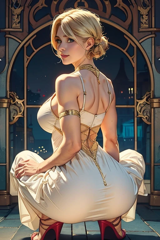Stefania Ferrario as a sexy girl, 28 year old, detailed face, perfect body, wearing a sexy white lingerie with red lace, seductive blue eyes, short blonde hair full-length body, night barefoot bending_over bent_over, with her ass up at night leaning against a balcony at the top of building, back angle, looking at the camera, no panties, Expressiveh, high quality, 8K, ((aura in the form of a futuristic mandala around the head)), ((blue eyes)), ((against the background of a fantastic landscape)), ((gold jewelry)), (wide hips), perfect body, (beautiful buttocks), ((complex details)), (original character), (big breasts)), (HDR), (super resolution), (cinematic lighting), (beautiful lighting), (chromatic)