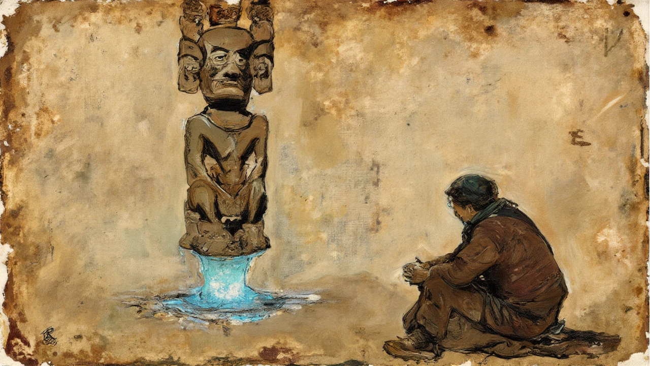 Make a bronze sculpture with smooth rock like shapes of man sitting playing sitar and energy evolving from it.