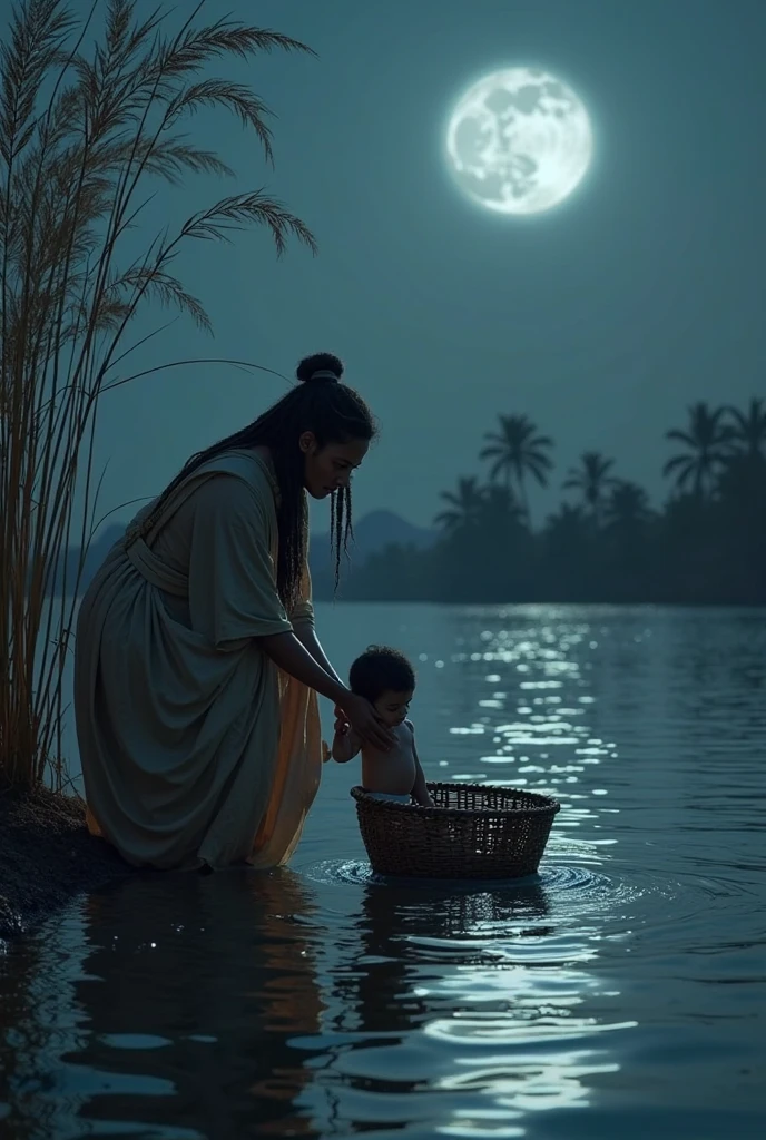 Father vashudeva(long hair face are clearly visible) kept god   krishna (baby, 
glorius face , peacock feather on his head) in basket on his head crossing yamuna river at moon night